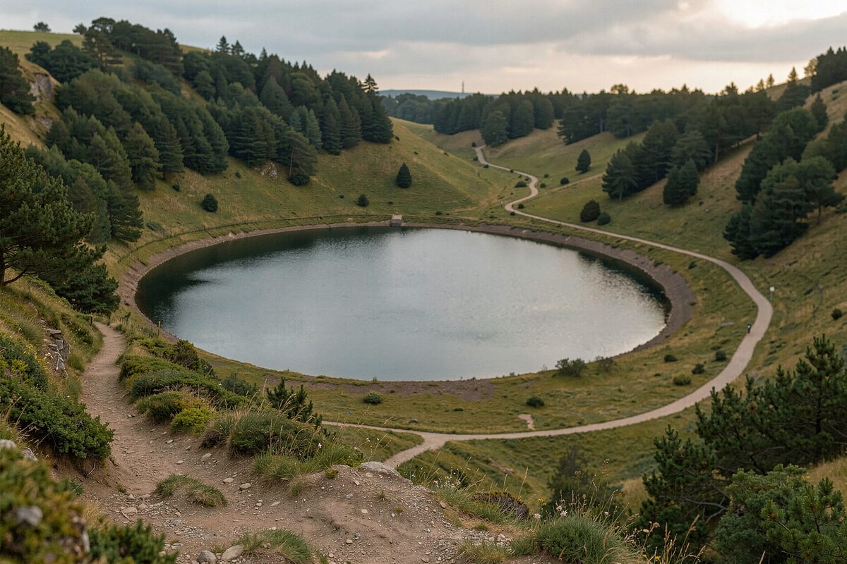 Runder, ruhiger Maarsee in einer Senke, umgeben von grünen Hängen und Bäumen, ein Wanderweg führt am Ufer entlang