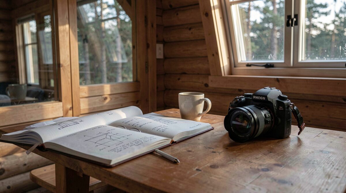 Eine dänische Baustellenhütte am Morgen, auf dem Tisch das aufgeschlagene Baustellentagebuch neben Kaffeebechern und Plänen, Kamera in Augenhöhe, kühles Streiflicht durch das Fenster.