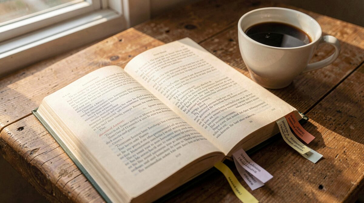 Ein offenes englisches Sachbuch mit Lesezeichen liegt auf einem Holztisch neben einer Kaffeetasse, warmes Nachmittagslicht durch ein Fenster, Nahaufnahme schräg von oben