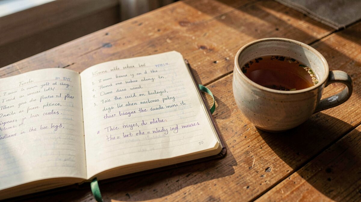 Ein aufgeschlagenes Notizbuch mit handschriftlichen Listen liegt neben einer Tasse Kräutertee auf einem hölzernen Tisch, warmes Nachmittagslicht fällt seitlich ein, Aufnahme in Nahaufnahme.