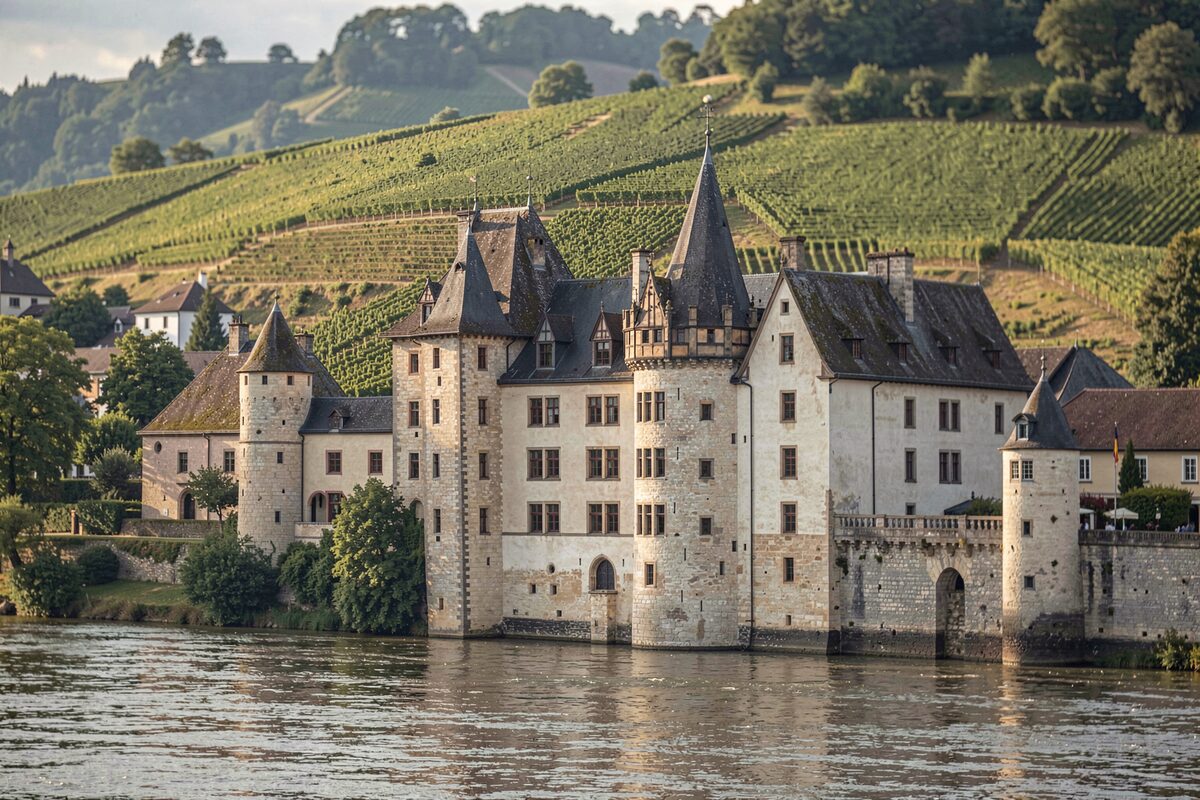 Historisches Schlossgebäude mit Türmen und Giebeln am Ufer eines Flusses, dahinter Weinberge und eine Anhöhe, ein Weg führt vorbei