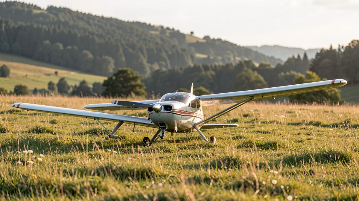 Segelflugzeug auf einer Wiese in der Eifel, Morgenlicht, seitliche Aufnahme von unten mit Hang im Hintergrund