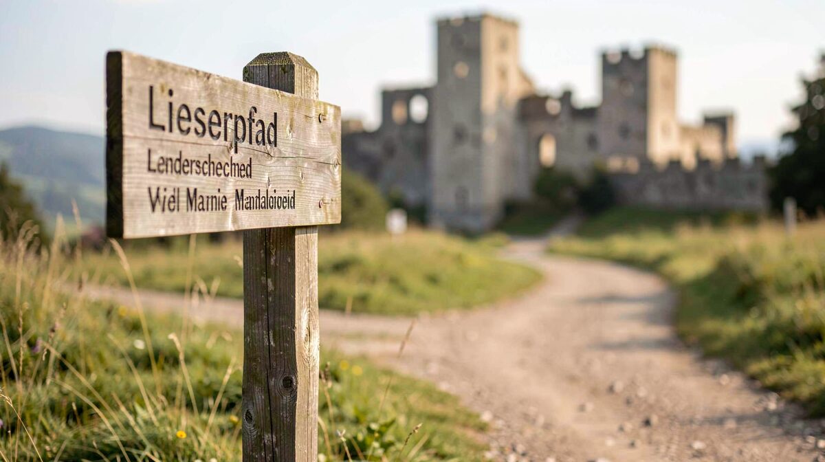 Das Wegeschild des Lieserpfads an einer Feldweggabelung bei Manderscheid, mattes Morgenlicht, seitliche Nahaufnahme mit unscharfer Burgruine im Hintergrund.