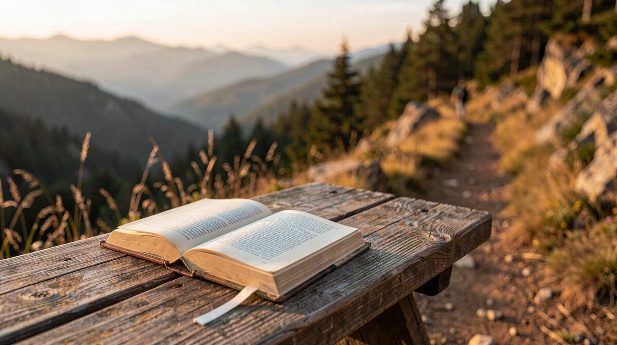 Ein aufgeschlagenes Buch mit Lesezeichen auf einem Holztisch am Rand eines Wanderwegs, warmes Abendlicht, Nahaufnahme mit unscharfem Tal im Hintergrund.