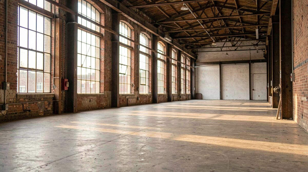 Ein alter Fabrikraum mit hohen Fenstern in Denver, glatte Betonböden und nachmittägliches Streiflicht auf Metallträgern, aufgenommen im Hochformat.
