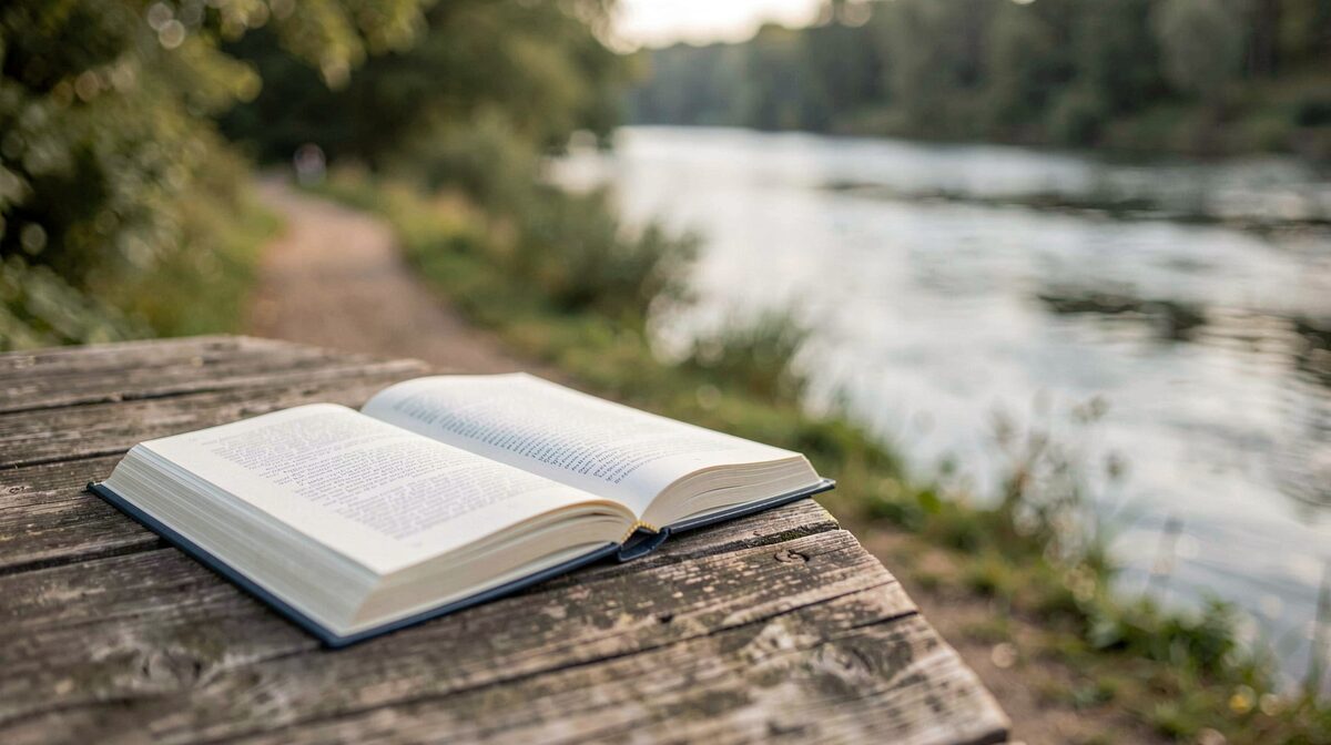 Ein aufgeschlagenes Buch auf einem Holztisch am Rand des Lieserpfads, weiches Morgenlicht, seitliche Nahaufnahme mit unscharfem Fluss im Hintergrund