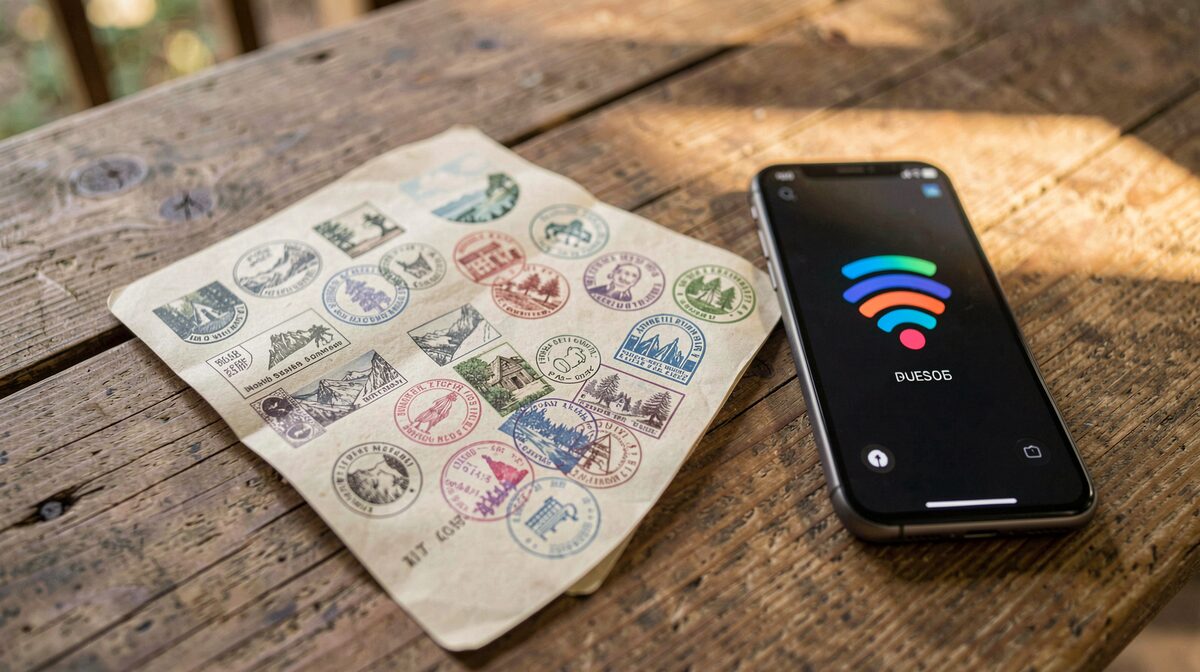 Ein Wanderbuch mit Stempeln liegt auf einem HolzLabentisch neben einem Smartphone, das WLAN-Symbole zeigt; weiches Nachmittagslicht, Nahaufnahme.