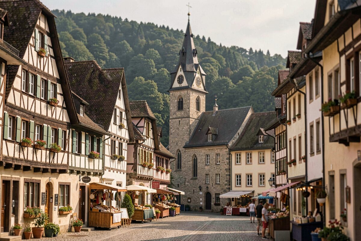 Altstadt mit Fachwerkhäusern und einem Marktplatz, dahinter ein Kirchturm und bewaldete Hügel der Eifel