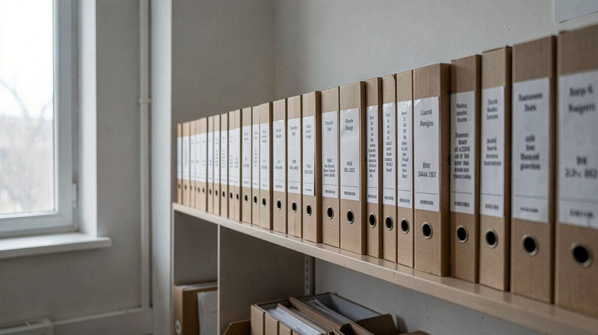 Ein schmales Regal mit kartonierten Aktenordnern in einem nüchternen Registraturbüro, graues Tageslicht durch ein hohes Fenster, seitliche Nahansicht der ordentlich beschrifteten Rücken.