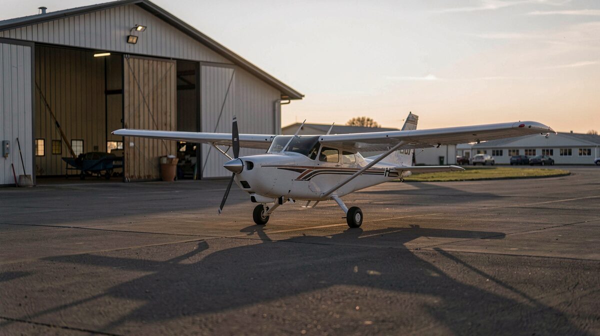 Ein kleines Propellerflugzeug vor einem Hangar am Jamestown Airport im Abendlicht, seitliche Aufsicht mit langem Schatten.