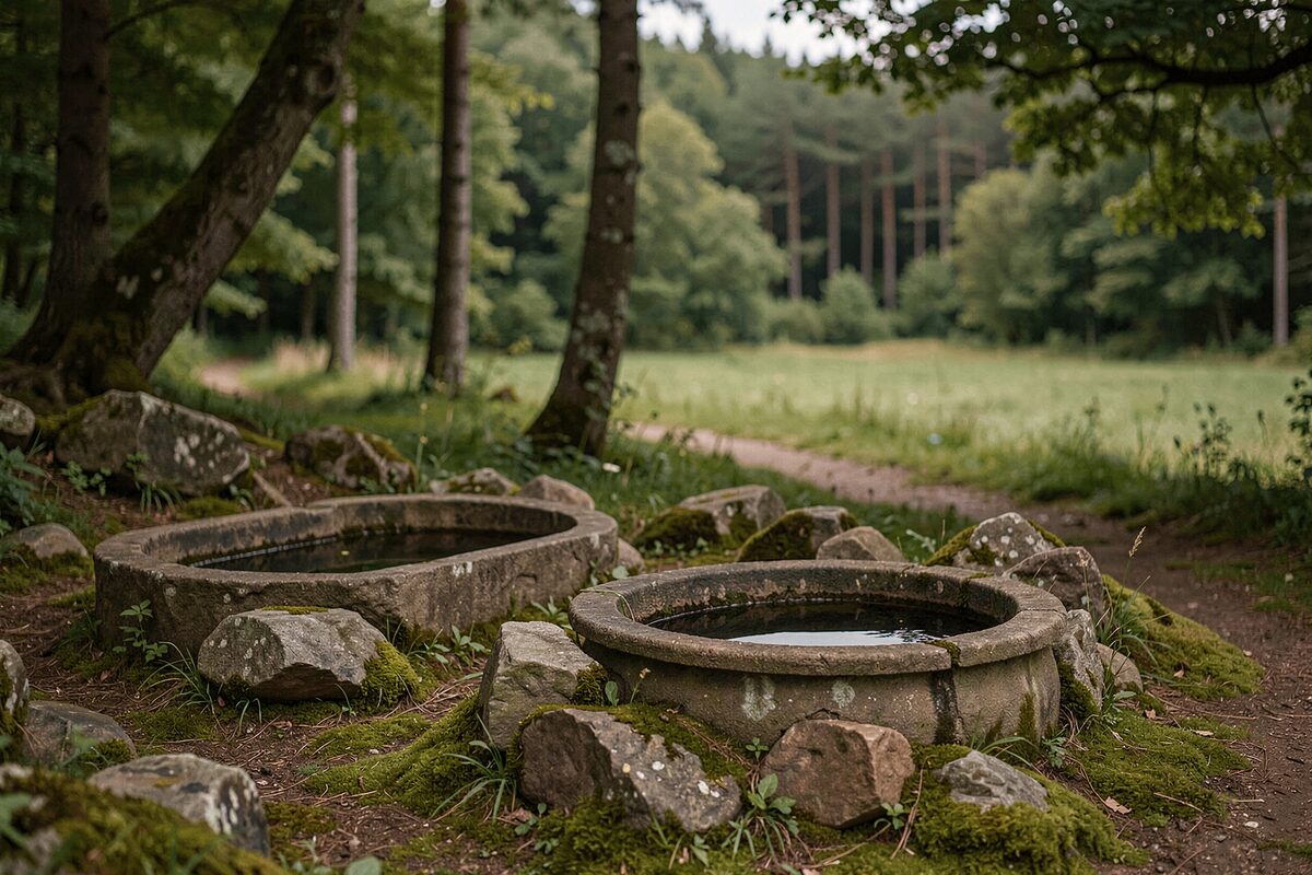 Zwei Quellbecken in einer Waldlichtung, umgeben von Steinen und Moos, ein schmaler Weg führt vorbei, dahinter Bäume und eine Wiese